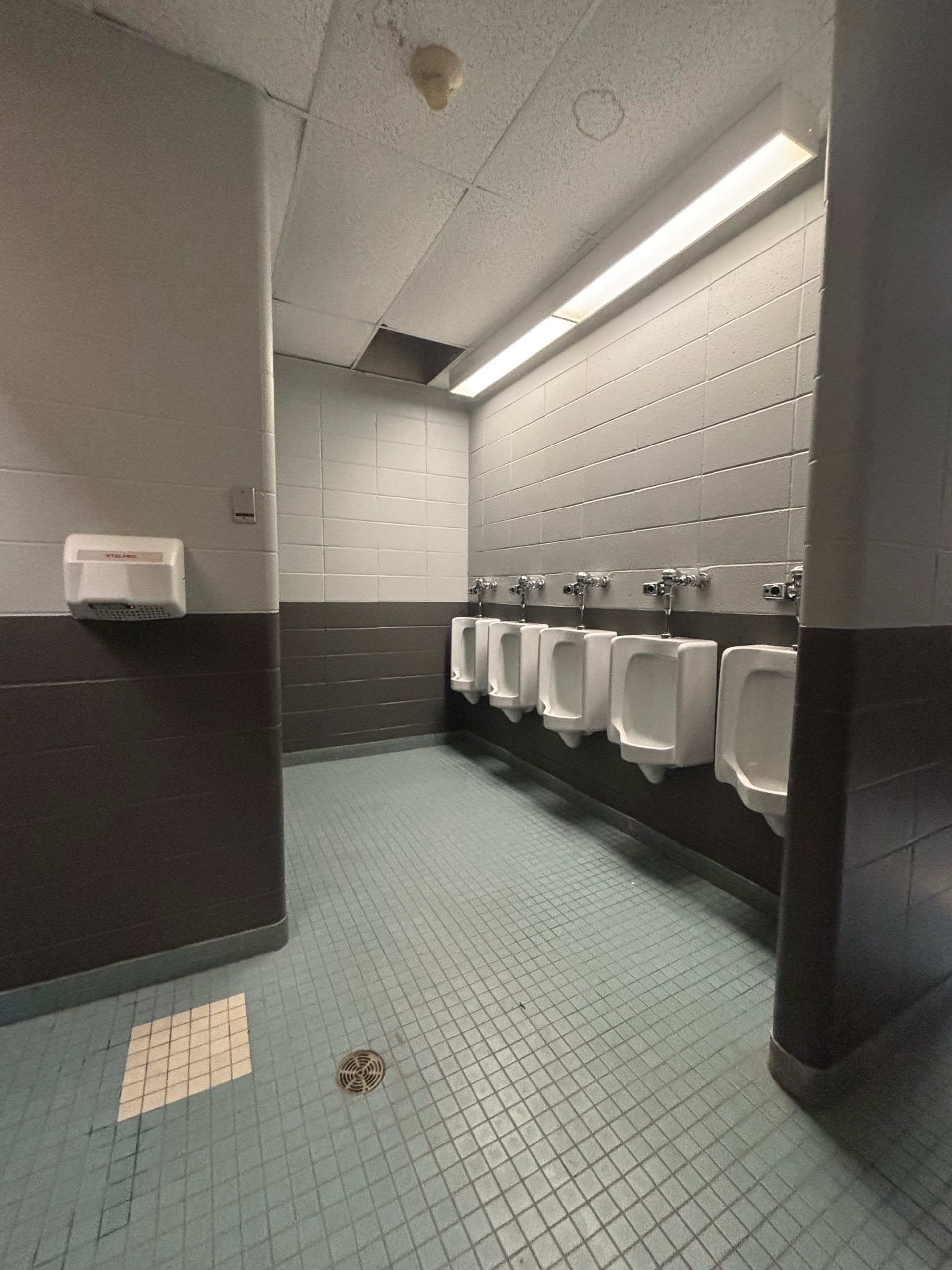 Toilettes publiques avec urinoirs, murs carrelés gris, sol en mosaïque bleue et distributeur d'essuie-mains en papier