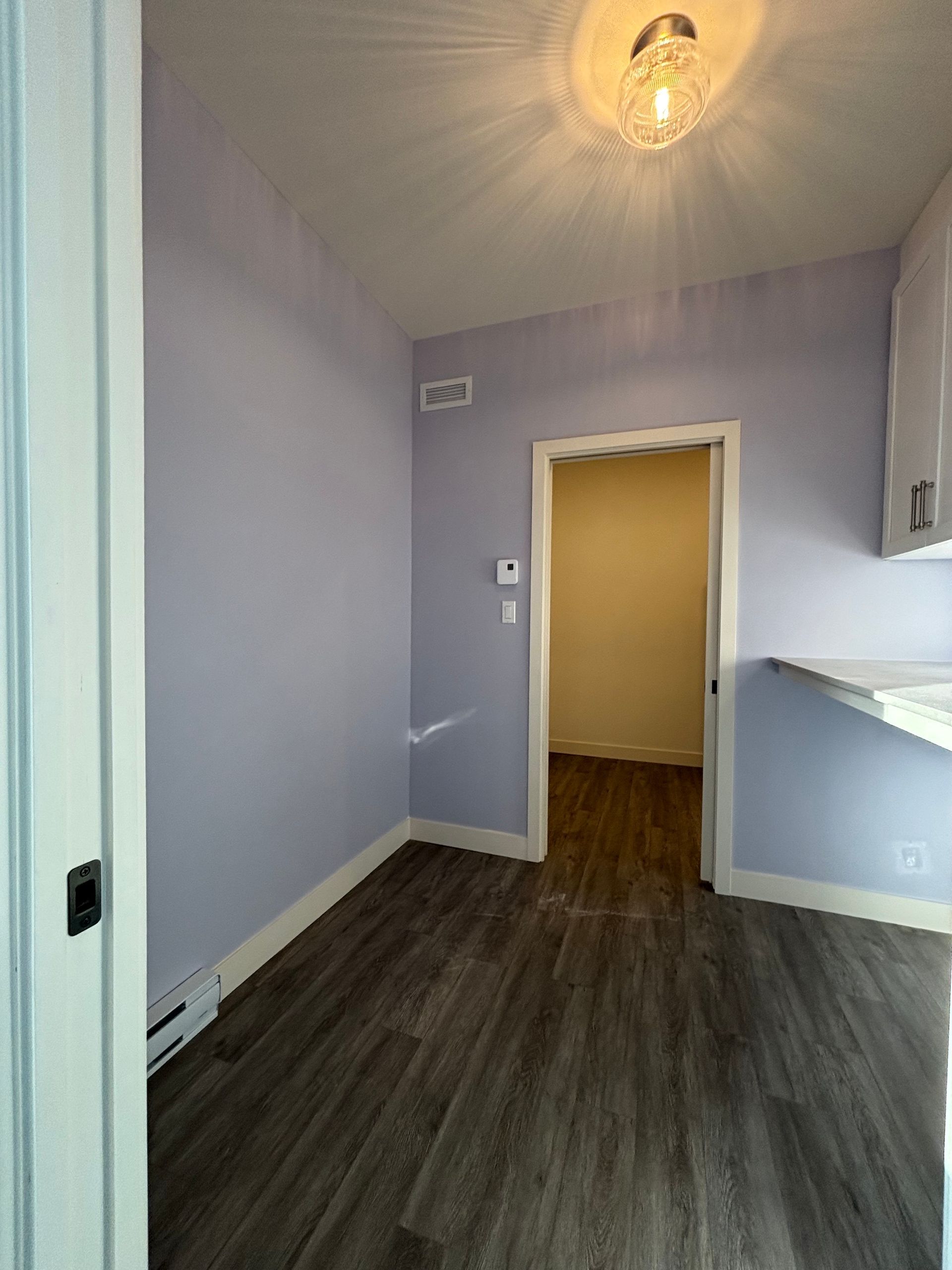 Pièce lavande vide avec parquet foncé, porte donnant sur un couloir éclairé et plafonnier allumé.