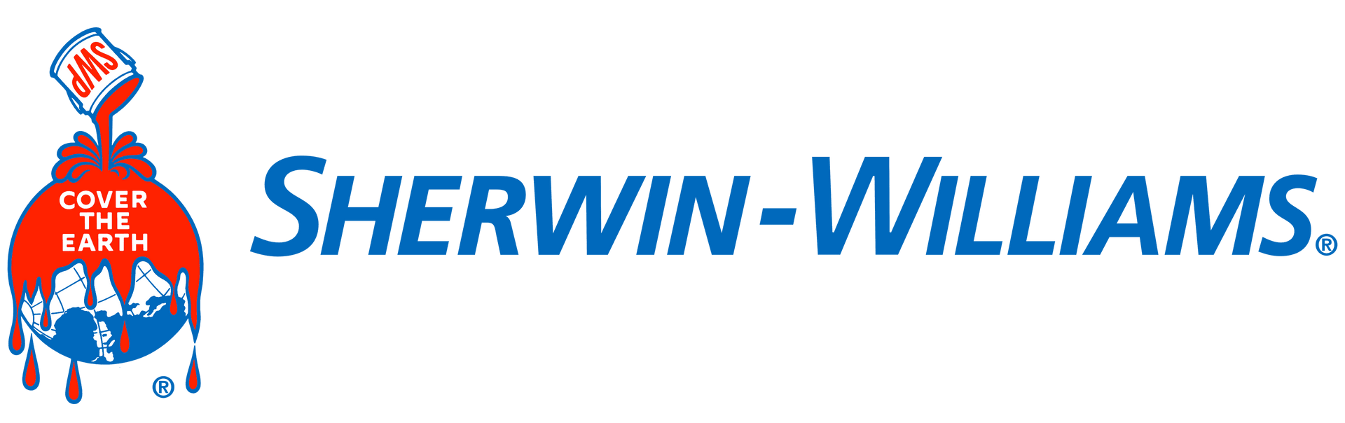 Logo de Sherwin-Williams avec un pot de peinture rouge se déversant sur un globe bleu