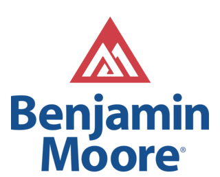 Logo Benjamin Moore avec un triangle rouge et du texte bleu
