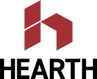 A dark red geometric logo shaped like a stylized letter 