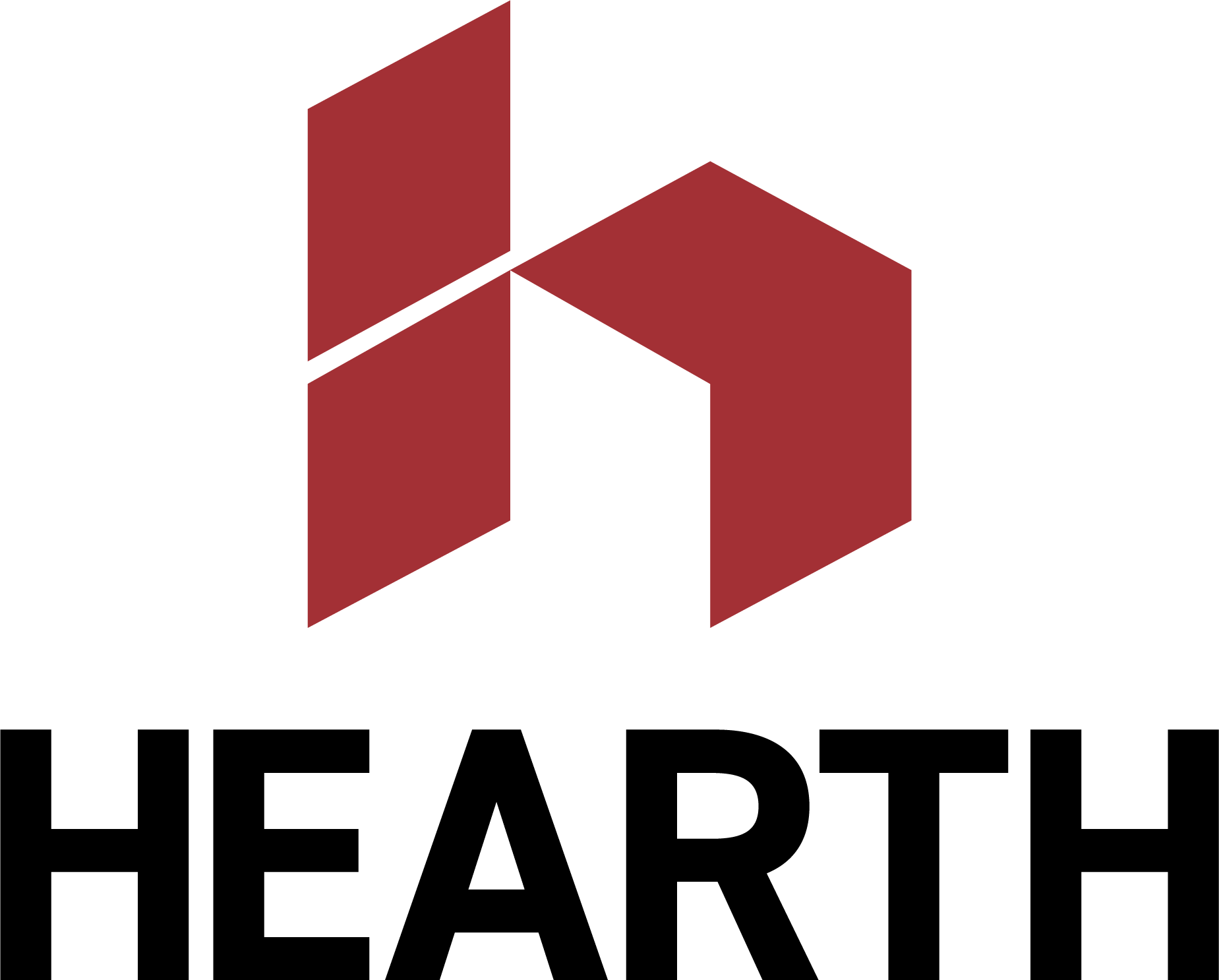 A dark red geometric logo shaped like a stylized letter