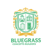 A green and gold crest logo featuring four construction icons, with the text "BLUEGRASS CONCEPTS BUILDERS" below it.