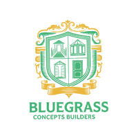 A green and gold crest logo featuring four construction icons, with the text "BLUEGRASS CONCEPTS BUILDERS" below it.