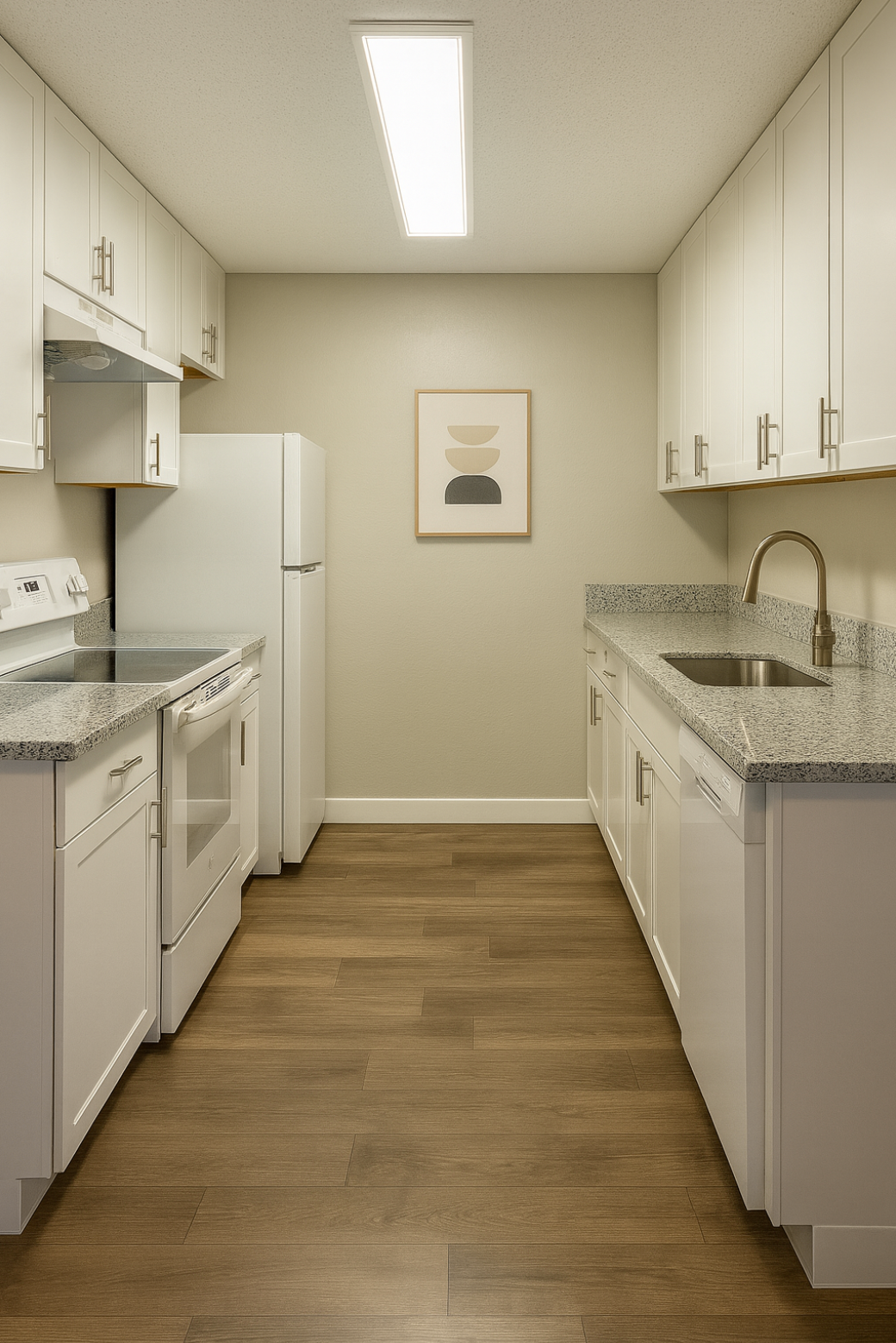 Bright galley kitchen with white cabinets, granite countertops, and wood flooring.