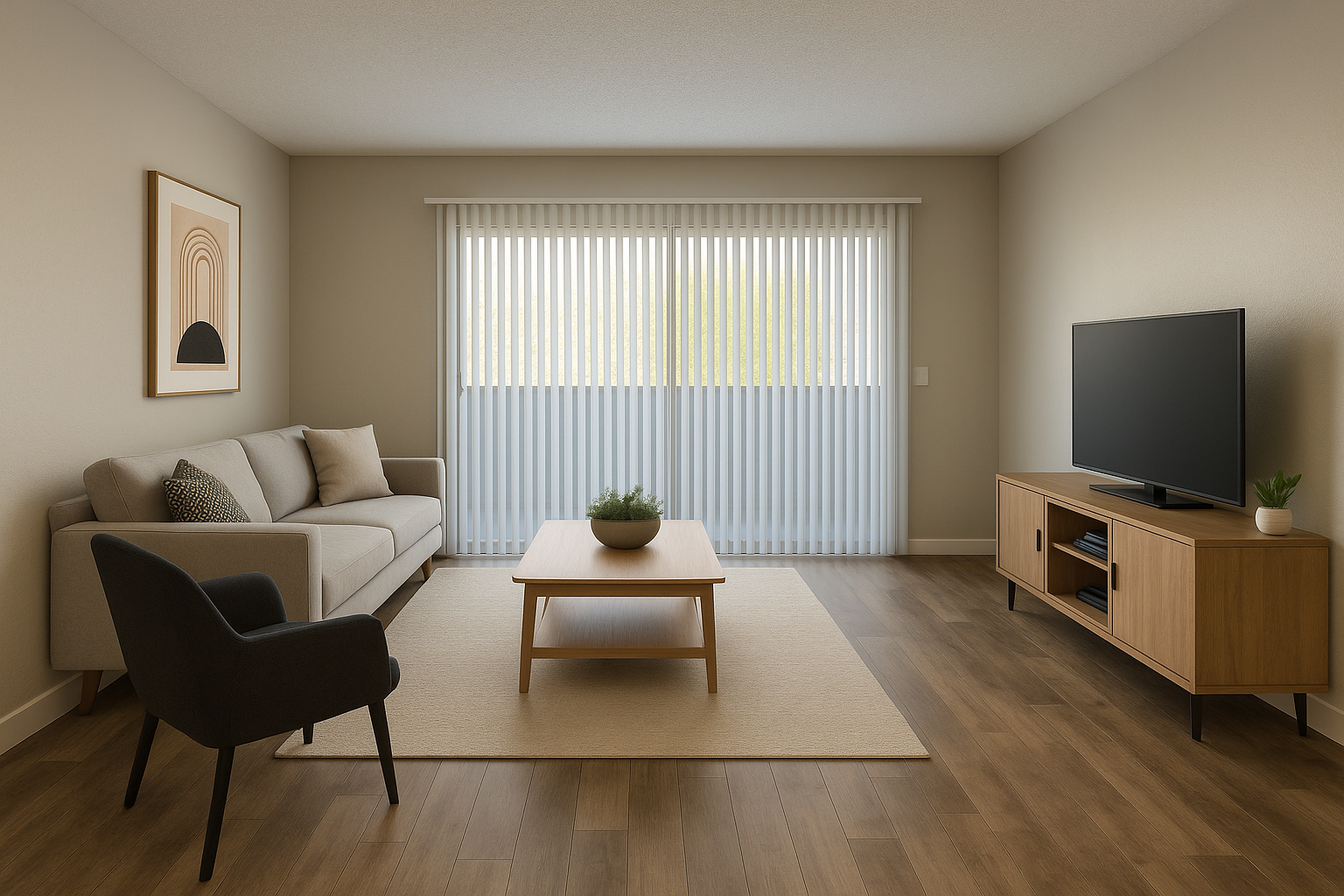 Modern living room with beige sofa, chair, coffee table, TV console, and large window with vertical blinds.