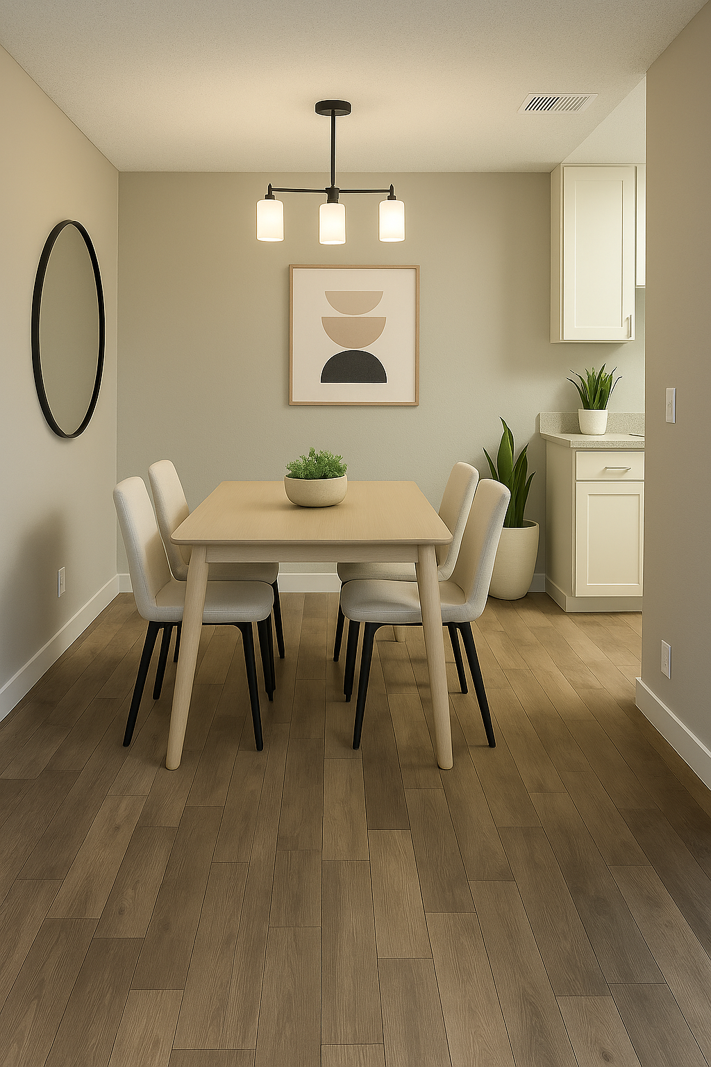 Modern dining room with a wooden table, six chairs, pendant light, and neutral decor