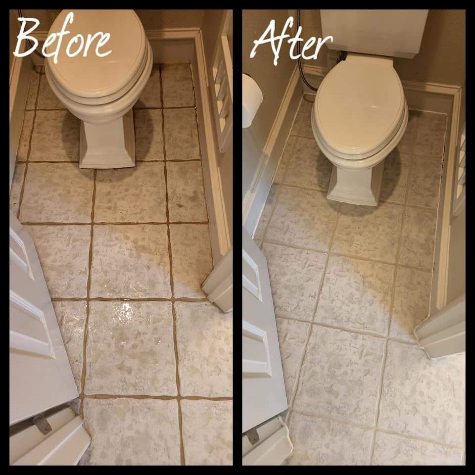 A before and after photo of a toilet and tile floor