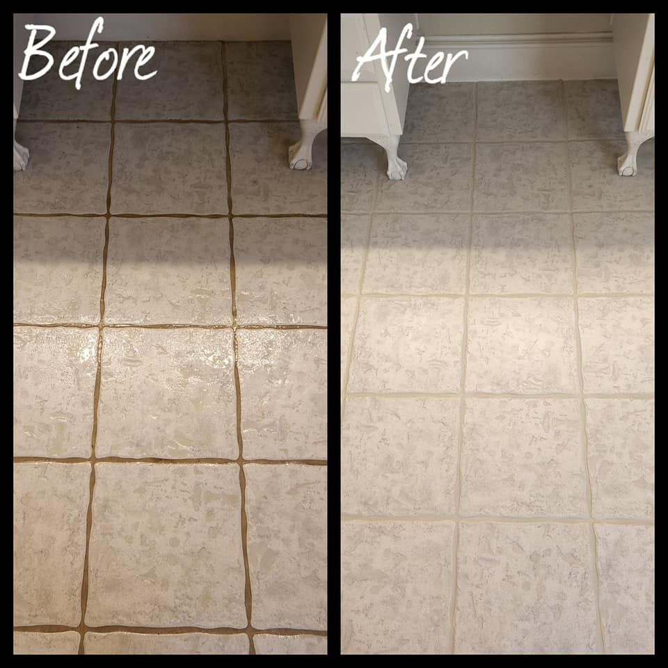 A before and after photo of a tile floor