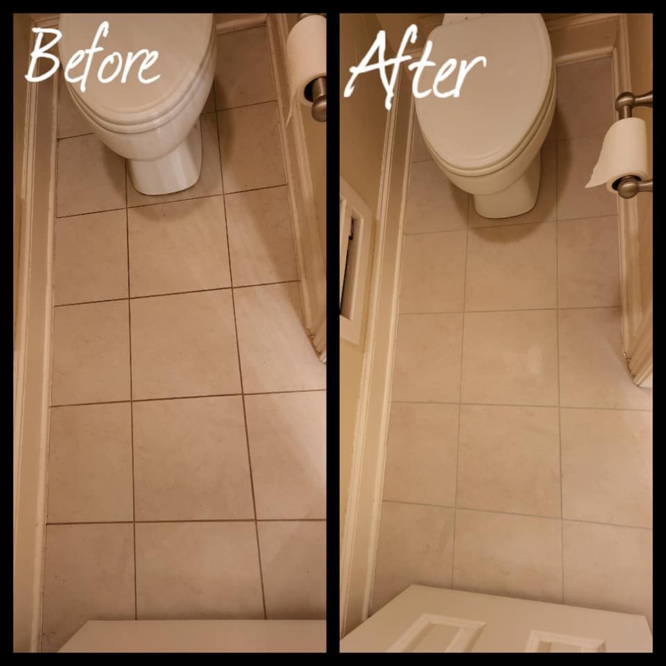 A before and after photo of a bathroom floor