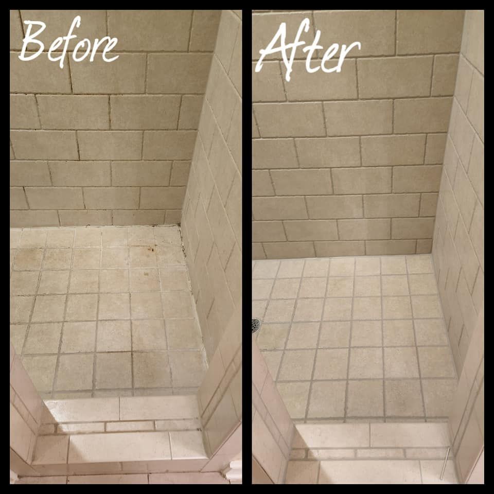 A before and after picture of a tiled shower