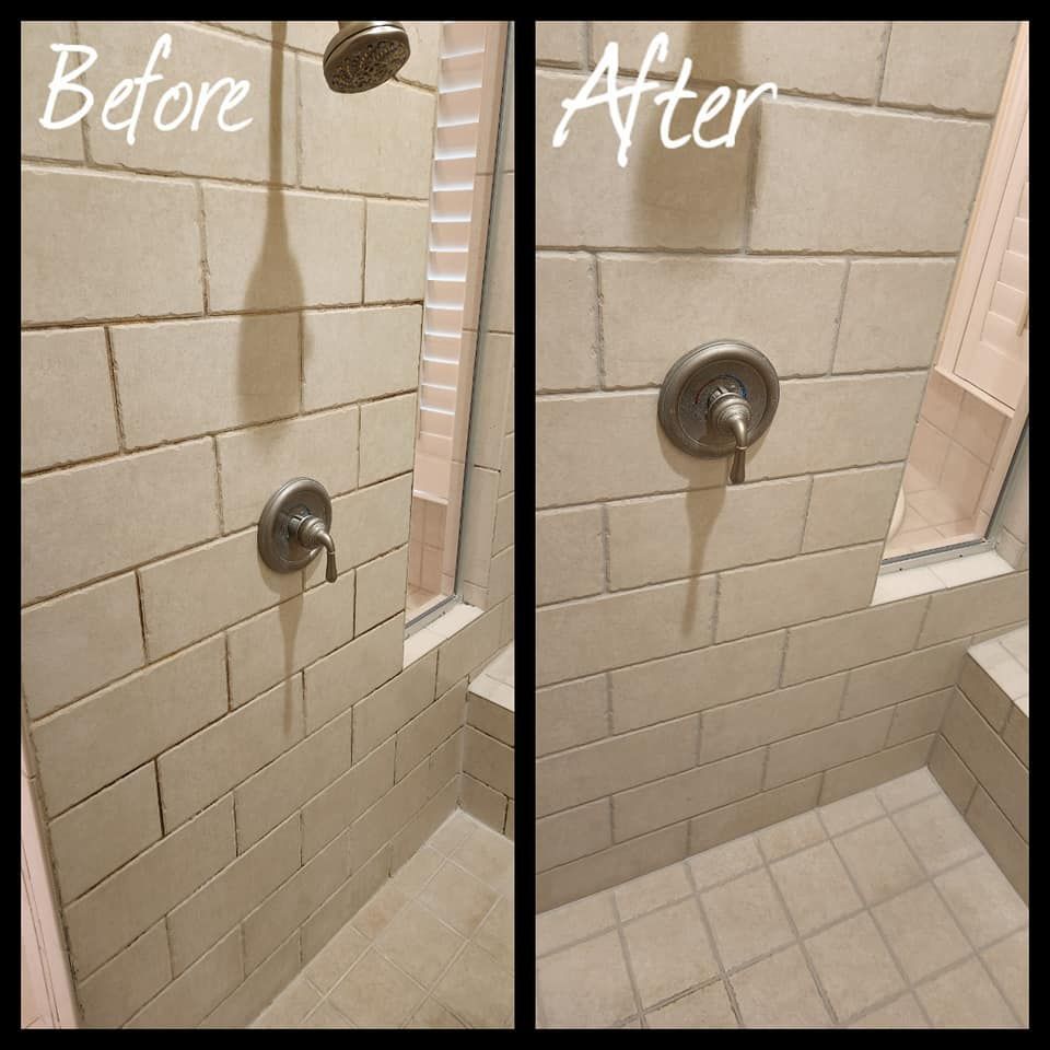 A picture of a shower before and after being cleaned
