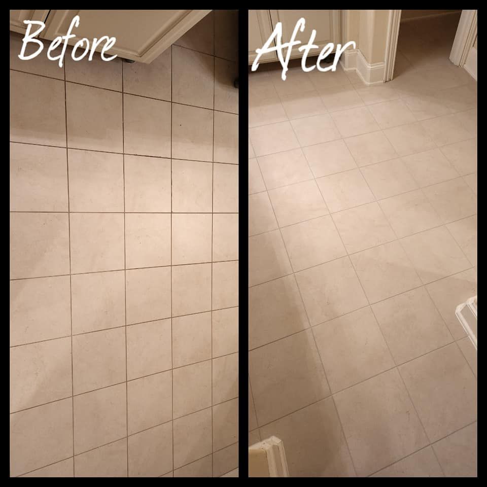 A before and after photo of a tiled floor