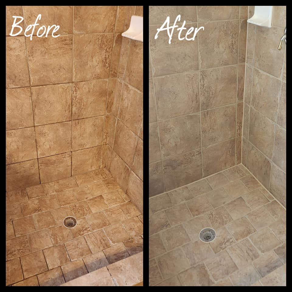 A before and after photo of a shower with tile