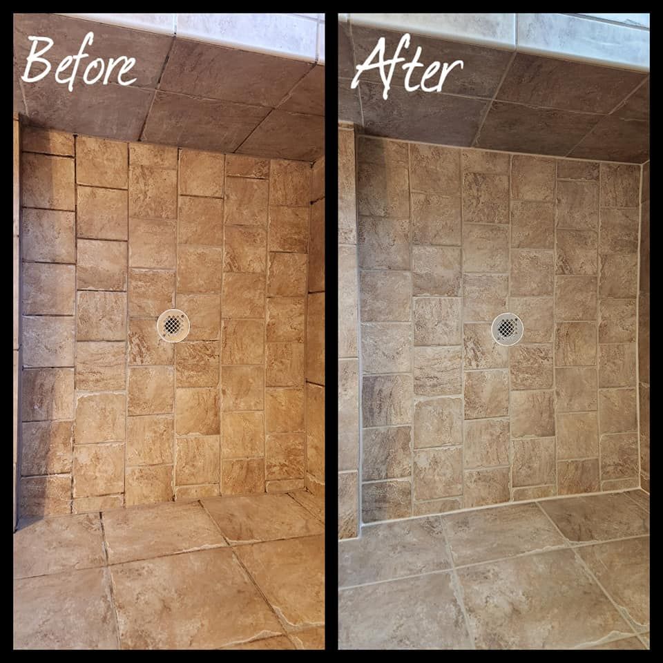 A before and after picture of a tiled shower