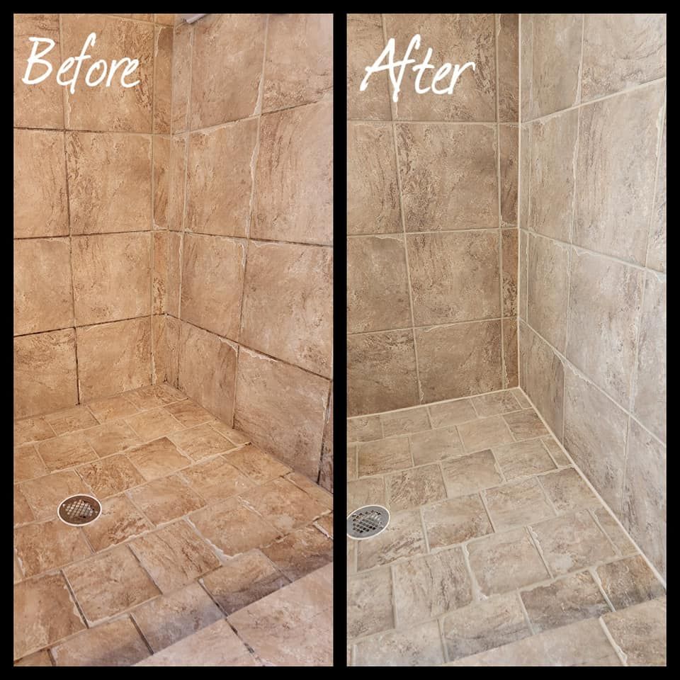 A before and after picture of a tiled shower