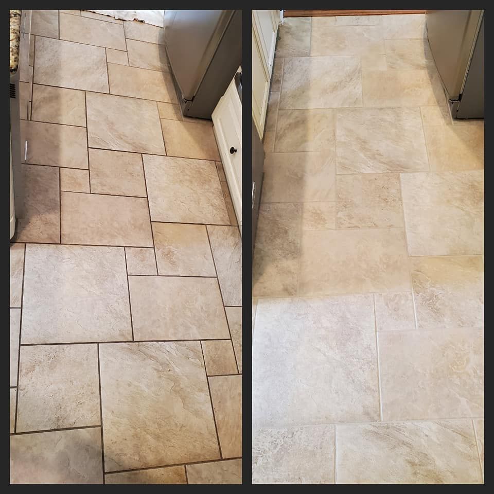 A before and after photo of a tile floor in a kitchen.