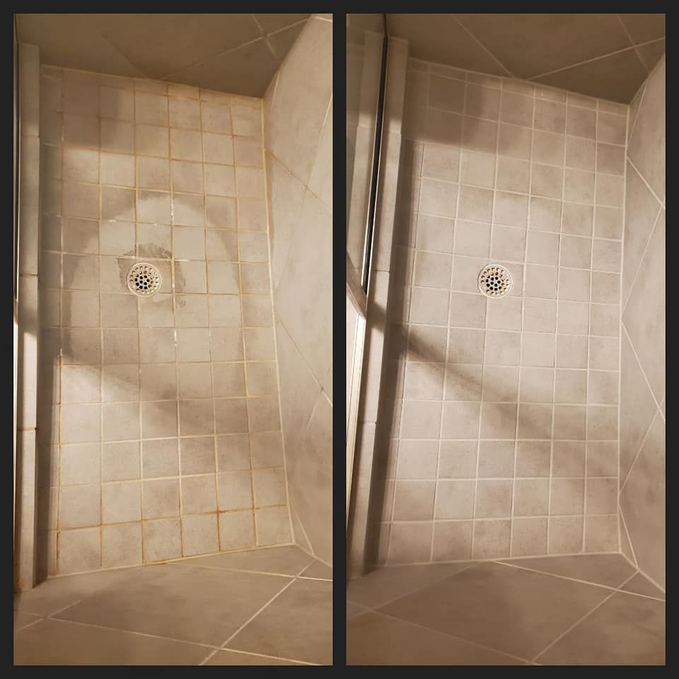 A before and after photo of a shower with tiles and a drain.
