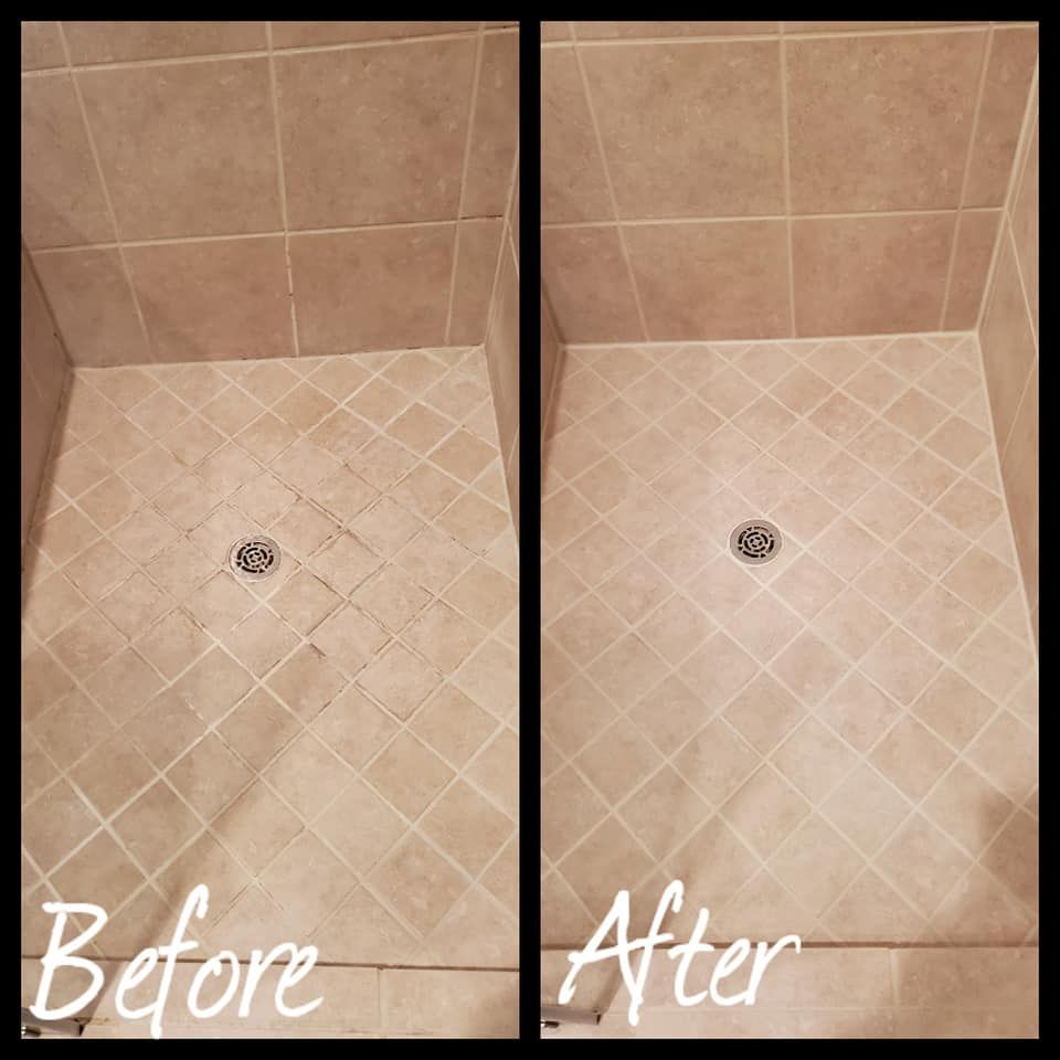 A before and after photo of a shower floor