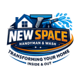 Logo for New Space Handyman & Wash featuring a house outline, a cleaning tool, and water splashes in blue and gold.