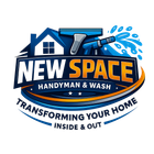 Logo for New Space Handyman & Wash featuring a house outline, a cleaning tool, and water splashes in blue and gold.