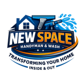 Logo for New Space Handyman & Wash featuring a house outline, a cleaning tool, and water splashes in blue and gold.