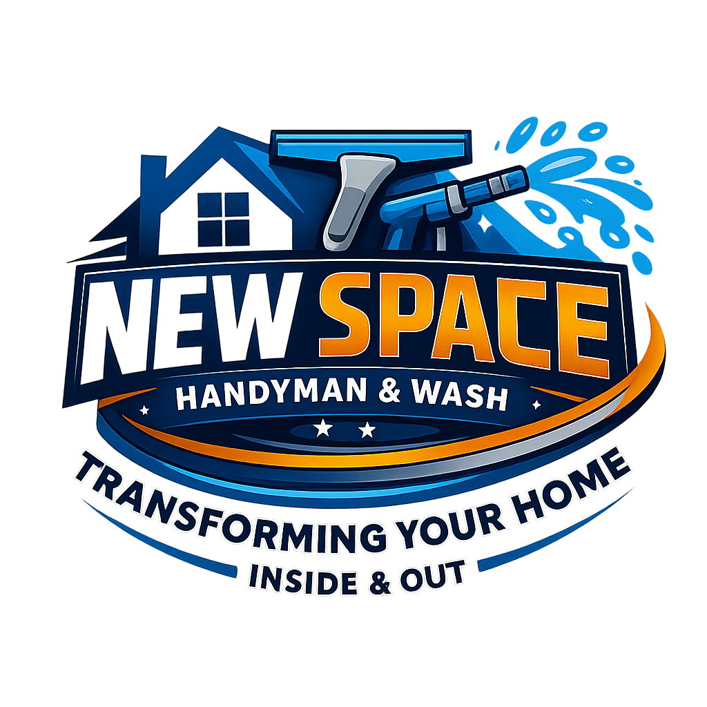 Logo for New Space Handyman & Wash featuring a house outline, a cleaning tool, and water splashes in blue and gold.