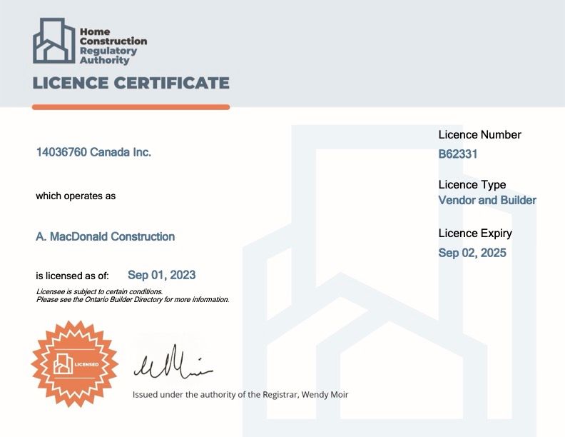 Alex MacDonald fully licensed Red Seal Carpenter as well as a Licensed HCRA and Tarion Member.