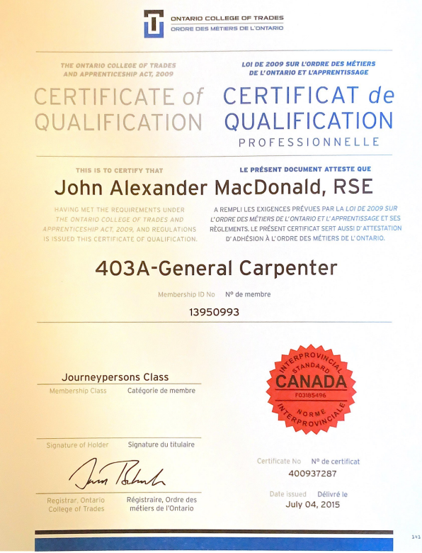 Alex MacDonald fully licensed Red Seal Carpenter as well as a Licensed HCRA and Tarion Member.