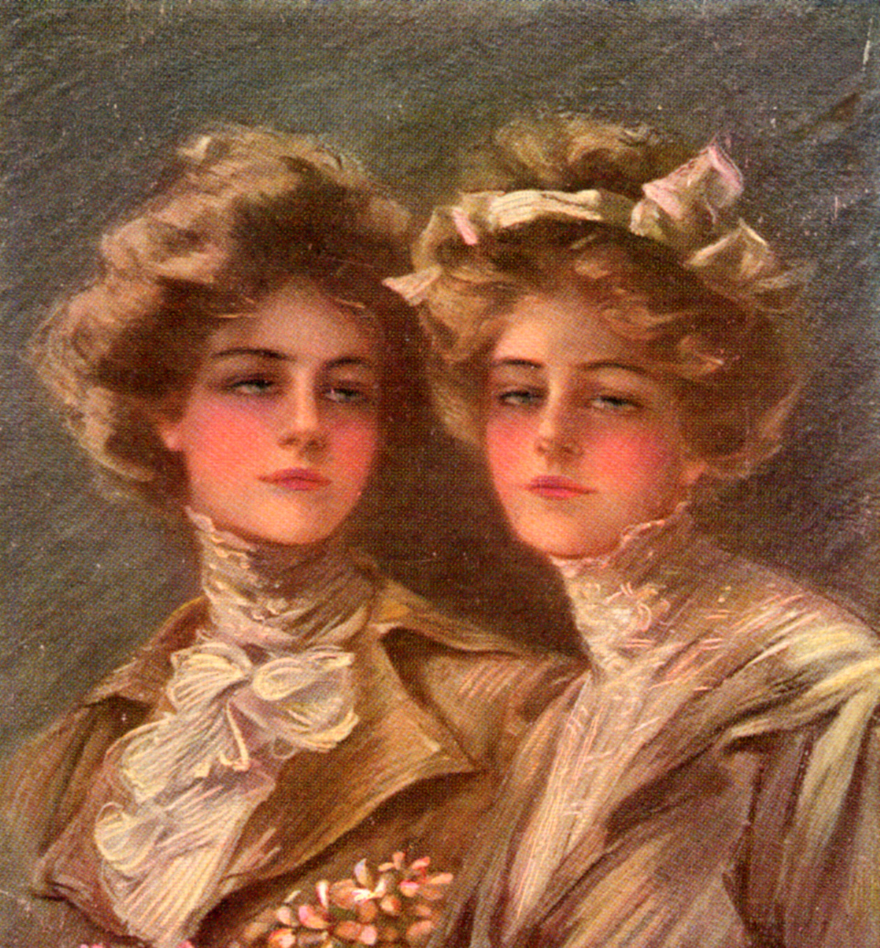 Two women with bouffant hairstyles and blush, one with a ruffled collar and the other with a pink bow.