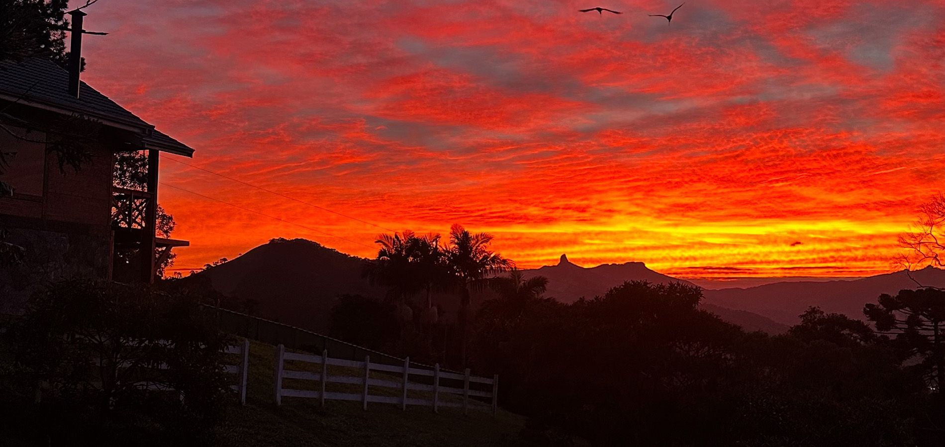 Um pôr do sol vermelho-alaranjado intenso sobre casas e árvores em silhueta, com uma cerca branca em primeiro plano.