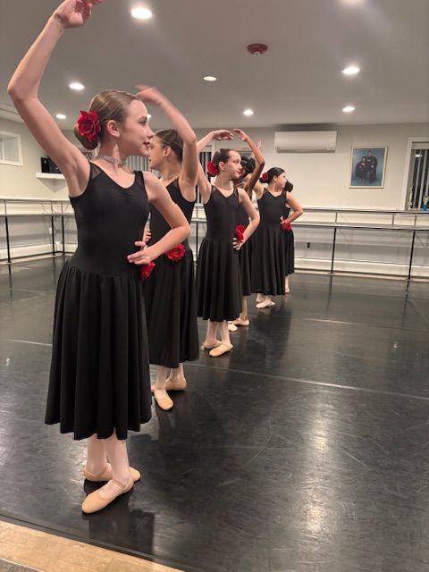 Dancers in black dresses and pink shoes pose in a ballet studio with one arm raised.