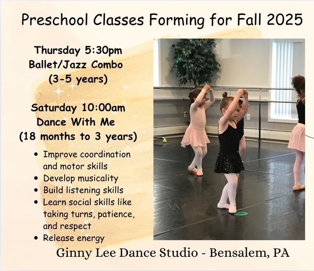 Preschool dance class flyer with two young dancers in a studio, listing ballet, jazz, and combo classes for fall 2025