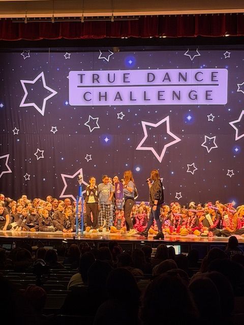 Dance performers on stage beneath a “True Dance Challenge” banner, with seated audience silhouettes below.
