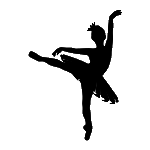 A silhouette of a ballerina dancing on one leg on a white background.
