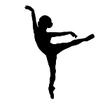 A silhouette of a ballerina dancing on one leg on a white background.