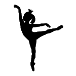 A silhouette of a ballerina dancing on one leg on a white background.