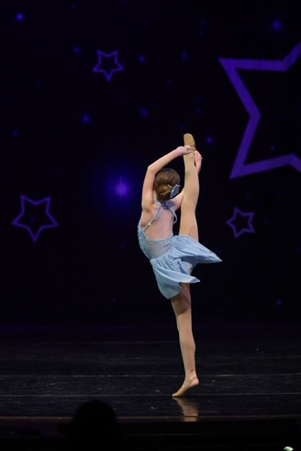 Ballet dancer in a blue costume performing a high leg hold on a dark stage with purple stars