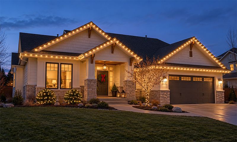 A warmly lit suburban house at dusk with Christmas lights along the roofline and garage