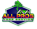 All Pros Tree Service logo with green tree and house roof on blue shield background