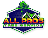 All Pros Tree Service logo with green tree and house roof on blue shield