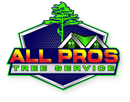 All Pros Tree Service logo with green tree, house roof, and bold multicolor text on a blue hexagon