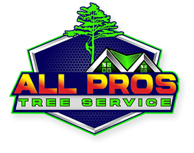 All Pros Tree Service logo with green tree, house roof, and bold yellow-red text on blue shield