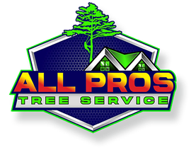 All Pros Tree Service logo with green tree, house roof, and bold red-yellow text on blue shield