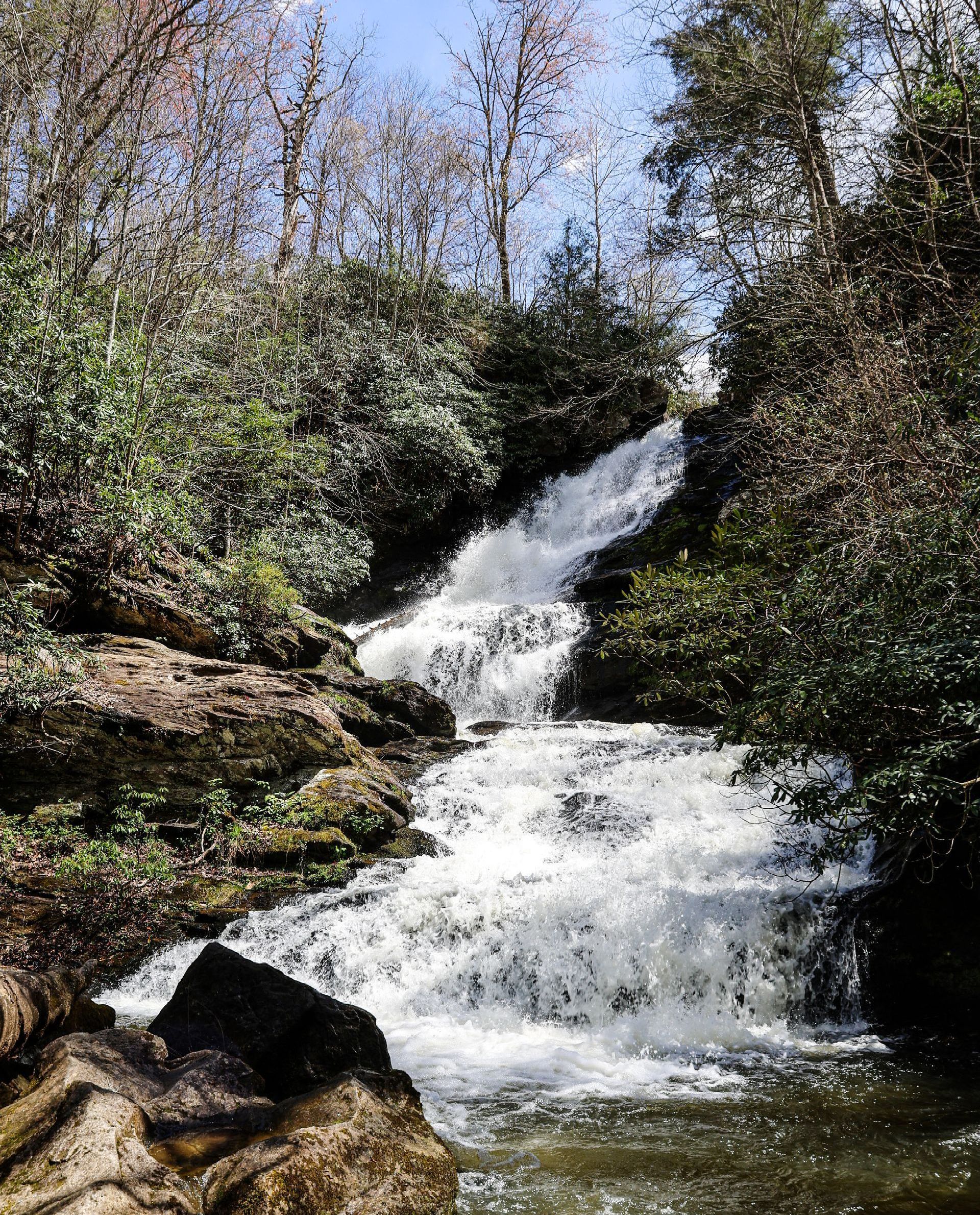 Waterfall cascading over rocks, surrounded by lush green foliage and trees under a blue sky.