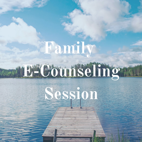 Family e-counseling session text overlaying a lake and dock scene with blue sky and clouds.