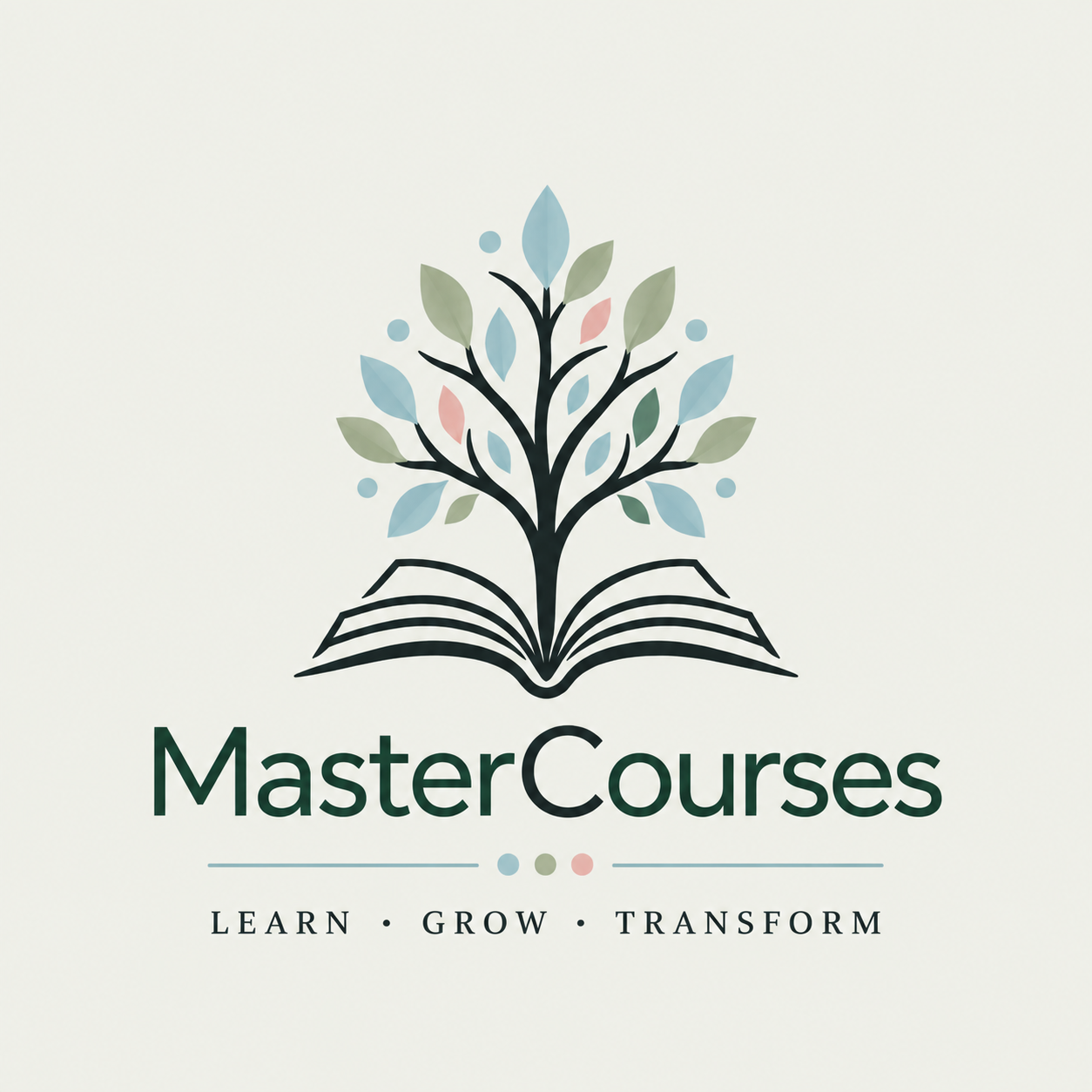 MasterCourses logo with open book and leafy tree, green and pastel tones, tagline “Learn • Grow • Transform”