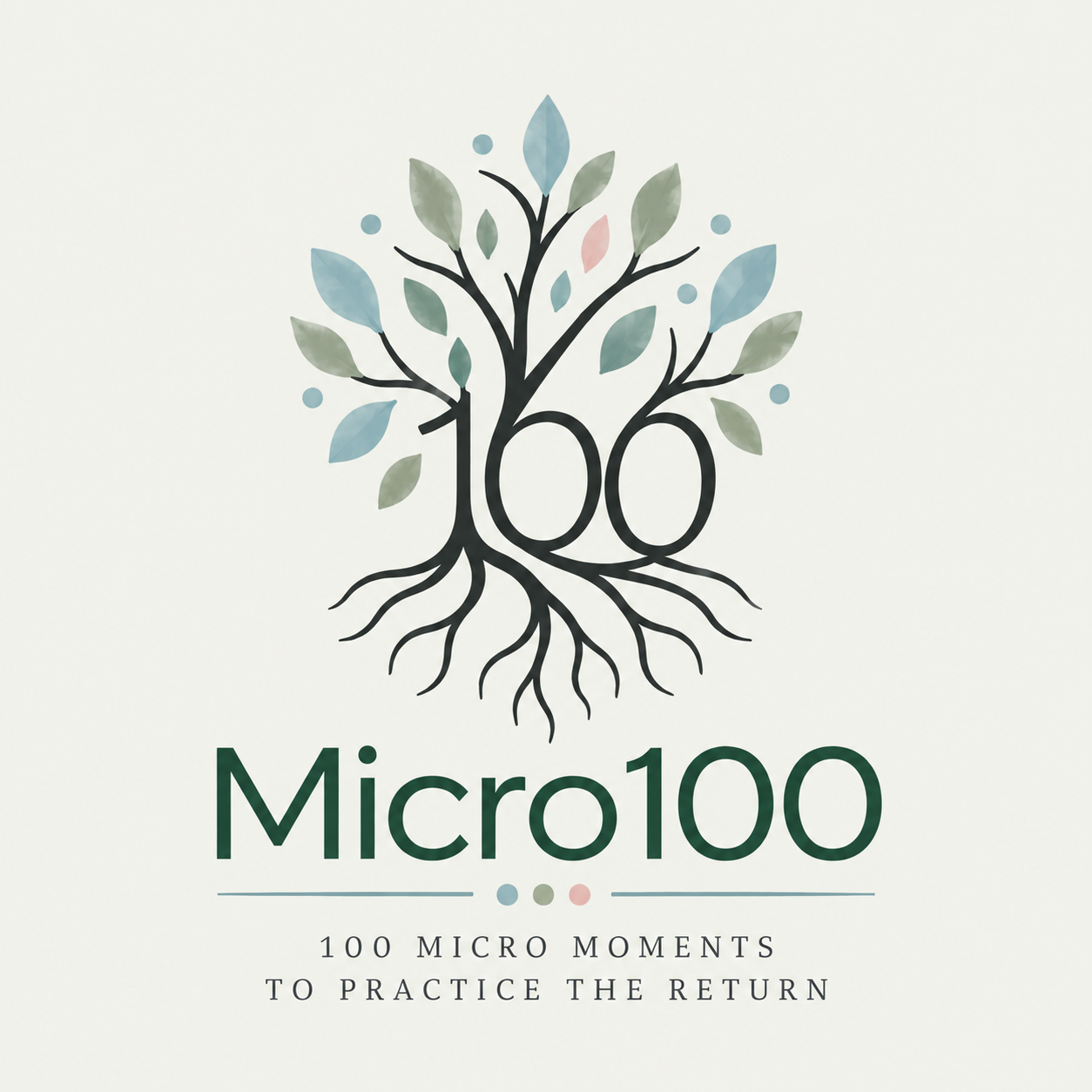 Micro100 logo with a stylized tree, roots, and teal-gray leaves on a light background