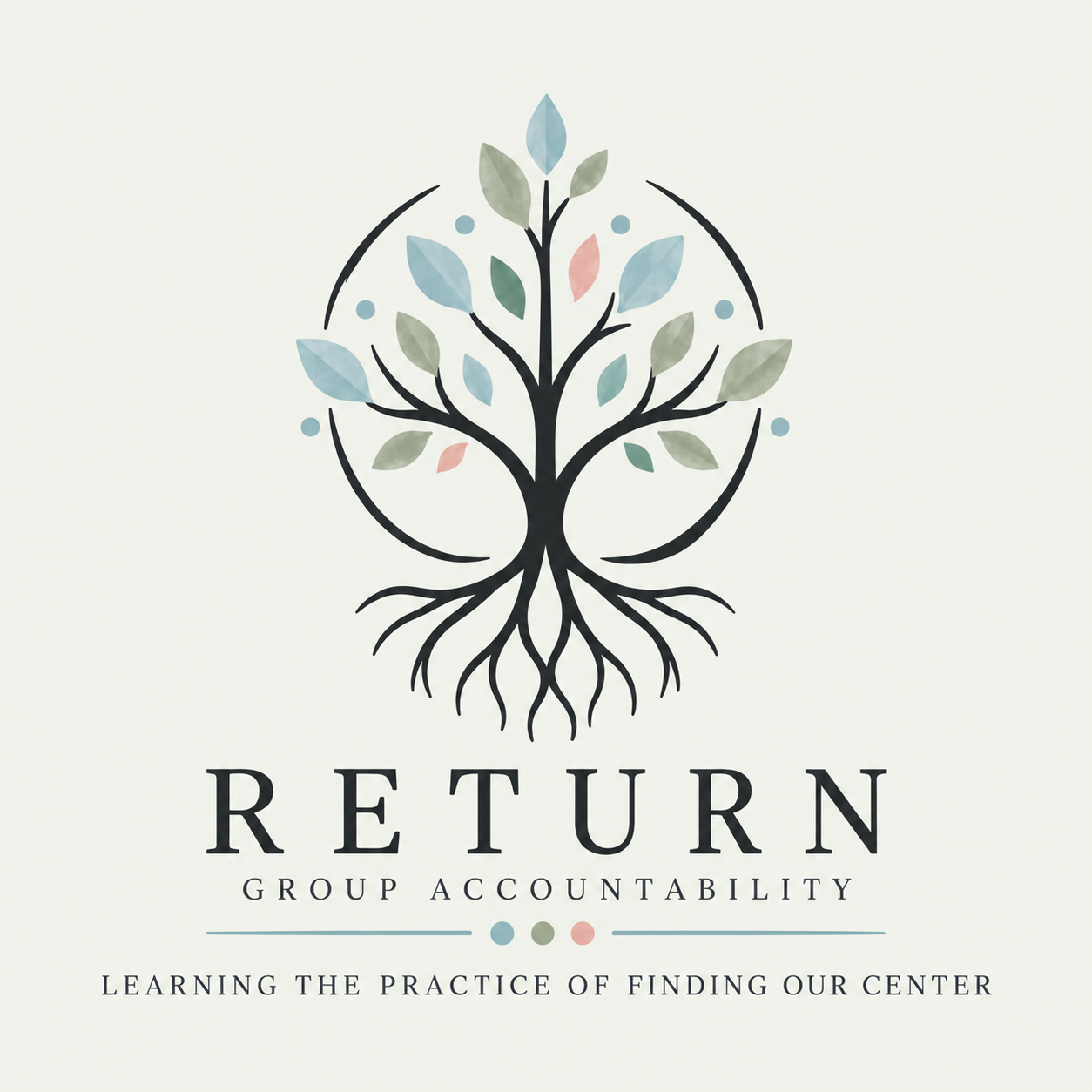 Logo for Return Group Accountability, featuring a tree with roots and leaves in black, blue, and muted coral.