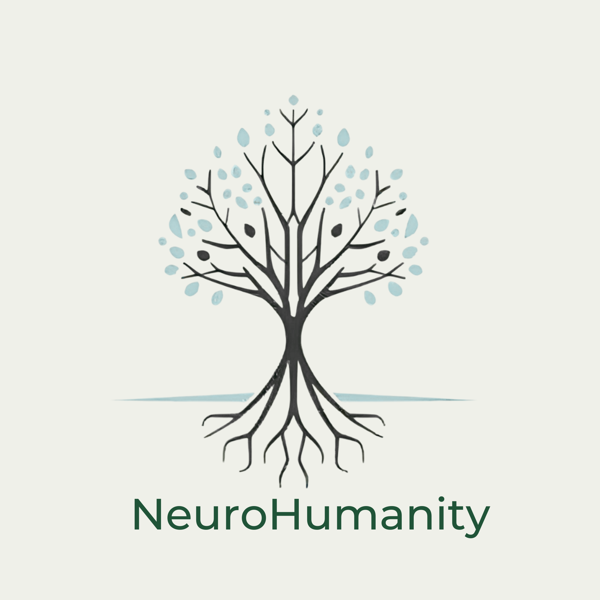 NeuroHumanity logo with a black tree shaped like a brain, blue leaves, and roots on a light background